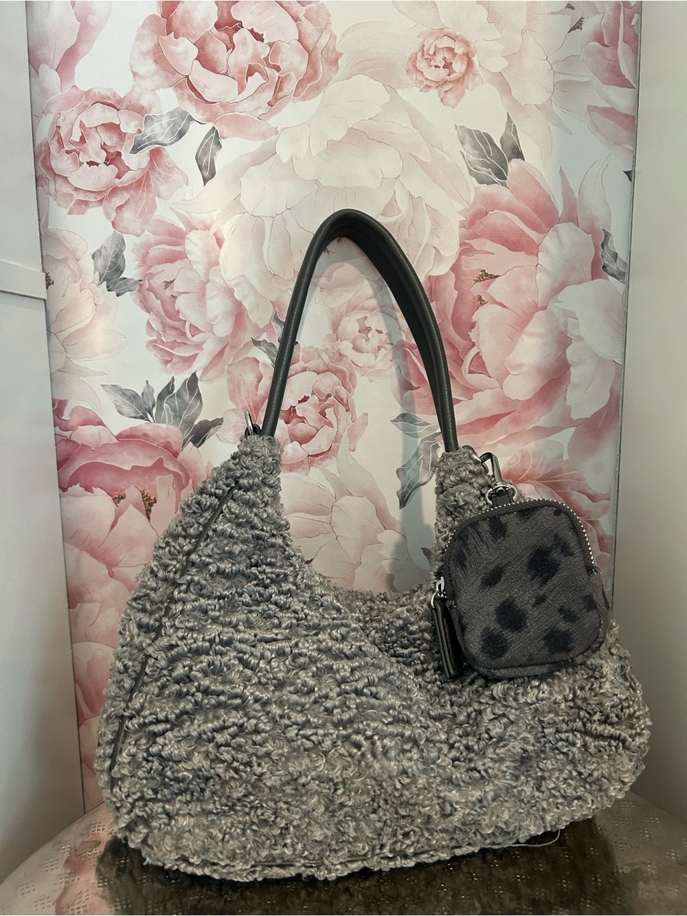 Gray Textured Shoulder Bag with Mini Pouch
